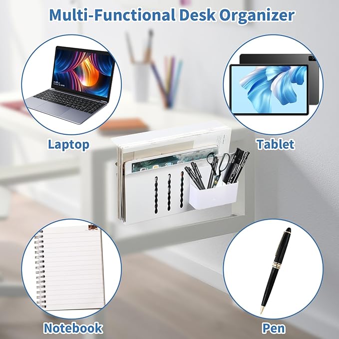 Desk Side Storage, Desk Laptop Holder with Magnetic Pen Holder, No Drill Desk Side Organizer for Office and Home Fits Flat Edge 0.3" to 2.3"