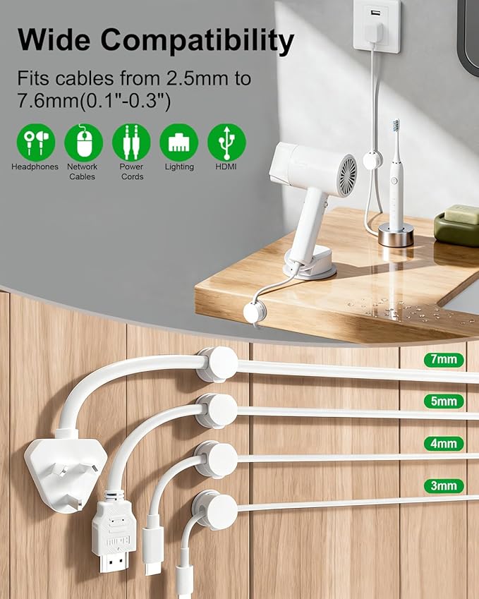 OneLeaf 8 Pack Magnetic Cable Clips, Rotatable Cable Management Clips for Desk & Wall, Strong Adhesive Cord Organizer for Phone Chargers, Ethernet & Cable Wires, Home Office Car, White
