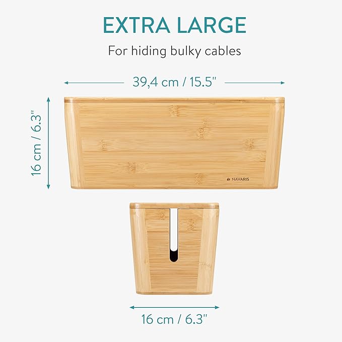 Navaris Cable Tidy Box - Bamboo Cable Storage Box Organizer for Wires, Cables, Extension Sockets, Chargers and Power Plug Cords - 15.5" x 6.3" x 6.3"