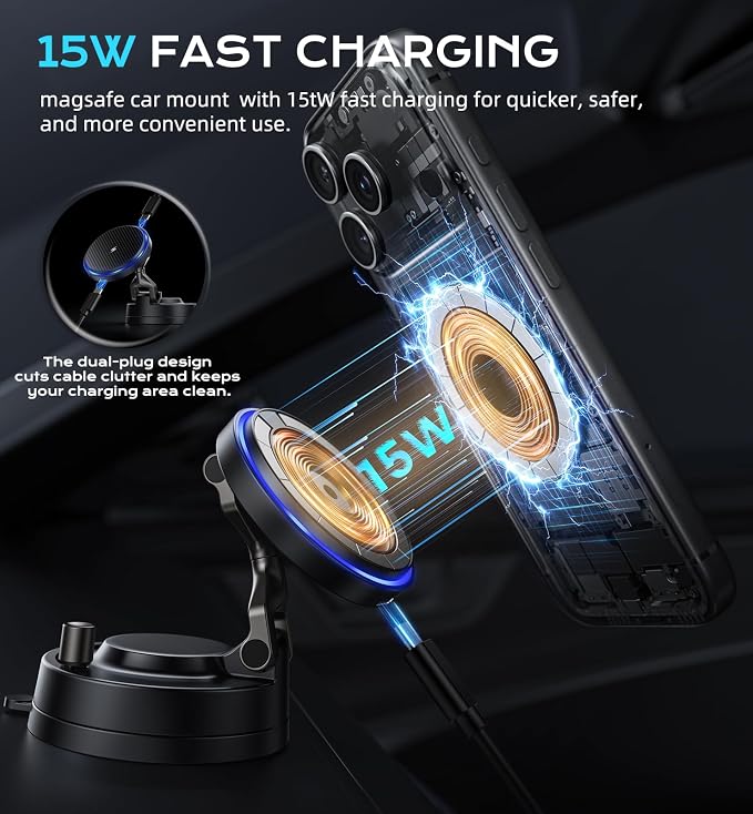 OANDYS for Mag-Safe Car Mount Charger 15W Fast Wireless Charging Magnetic Car Phone Holder, 82+LBS Strongest Suction, 3200gf Strongest Magnetic,360°Rotatable Stand for iPhone 17-12 Pro Max Plus Air