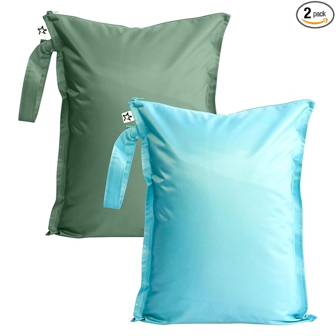 Tiny Twinkle Mess Proof Wet Bags | 2-Pack Reusable Waterproof Wet Bags for Swimsuits | Baby Clothes | Travel & Diaper Bag (Slate, Olive)