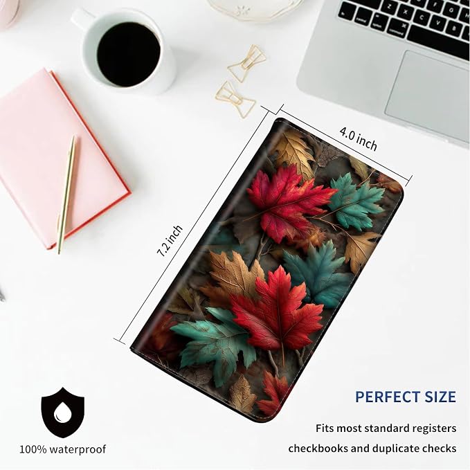 DEGDFSGR Checkbook Cover PU Leather Checkbook Covers for Women for Duplicate Checks, Check Book Covers with RFID Blocking Function for Personal Checkbook, Fallen Leaves