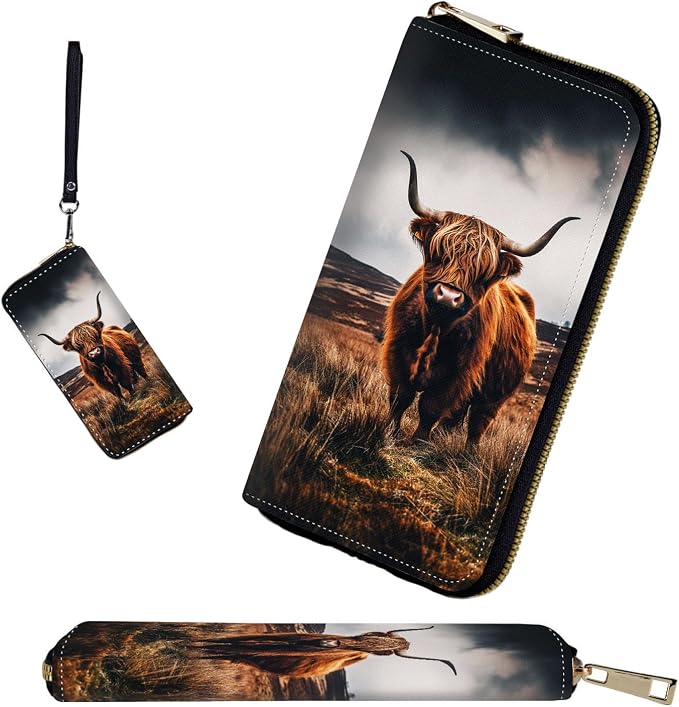 RFID-Blocking Zip Around Wallets for Women with Detachable Wrist Strap,Large Capacity Phone Holder with Card Organizer & Coin Pocket,Brown Highland Cow