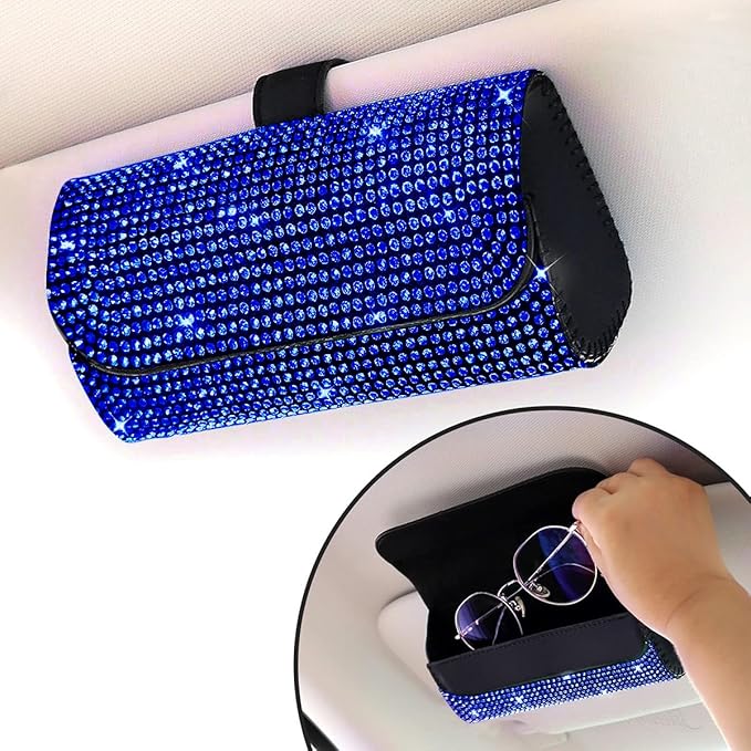 Osilly Bling Car Sunglass Holder for Sun Visor, Sparkling Crystal Leather Automotive Eyeglasses Mount Clip Organizer with Hidden Magnetic Closure for Men Women, Universal for SUV Truck Van（Blue）