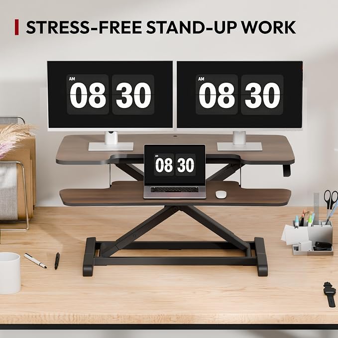 SANODESK 36" Standing Desk Converter, Smooth Mechanical Spring Effortless Lift Sit-Stand Riser for Dual Monitors, Heavy Duty Workstation with Keyboard Tray, Walnut