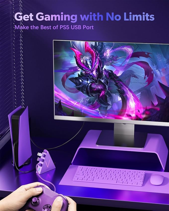 4-Port USB 3.0 Hub, FlyingVHUB USB Hub Tower with 2 ft Extended Cable,USB Splitter for Laptop,PC,PS4,PS5,Xbox,Mouse,Keyboard, Flash Drive,U-Disk (Dark Purple)
