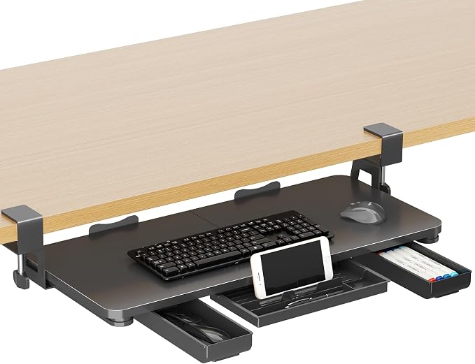 XINLEI Keyboard Tray Under Desk with Storage Drawer Large C-Clamp 26.7”(31” Including Clamps) x 11.8” Slide-Out Platform Computer Drawer Pull Out Keyboard & Mouse Tray DSF7CT