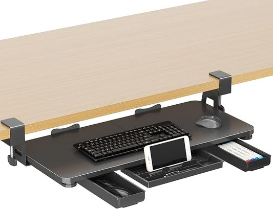 XINLEI Keyboard Tray Under Desk with Storage Drawer Large C-Clamp 26.7”(31” Including Clamps) x 11.8” Slide-Out Platform Computer Drawer Pull Out Keyboard & Mouse Tray DSF7CT