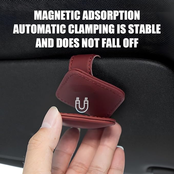 Sunglasses Holder for Car Visor, Magnetic Leather Vehicle Glasses Ticket Card Clip, Automotive Interior Eyeglass Hanger Organizer Accessories, Universal for SUV, Sedan, Truck (Wine Red)