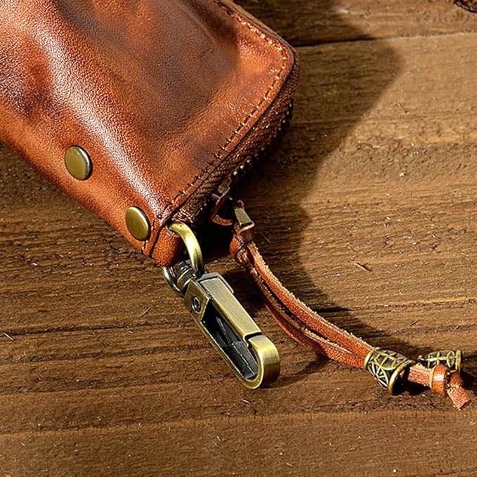 1 Pcs Leather Mini Medieval Pouch Keychain, Coin Organizer, Change Holder,Card Case, Genuine Leather Zipper Storage Bag for Men & Women