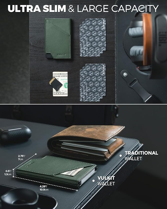 VULKIT Pop up Card Wallet RFID Blocking Slim Aluminum Metal Bank Card Holder Case with Business Money Pocket for Credit Cards Notes and Coins Green
