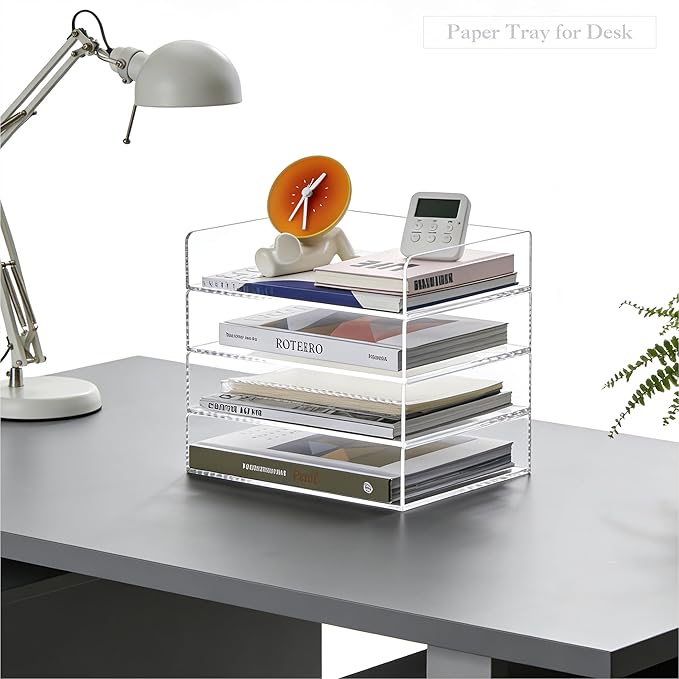 HeZone 4 Tier Paper Organizer for Desk,Acrylic Paper Tray,Clear Stackable Desk Organizer for Document, Office File,A4 Paper
