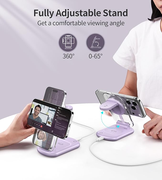 3 in 1 Magnetic Wireless Charging Station for Apple Devices, Fast Foldable Travel Mag-Safe Charger Stand with Night Light for iPhone 17 16 15 14 13 12 Series, Apple Watch/AirPods Pro, PU