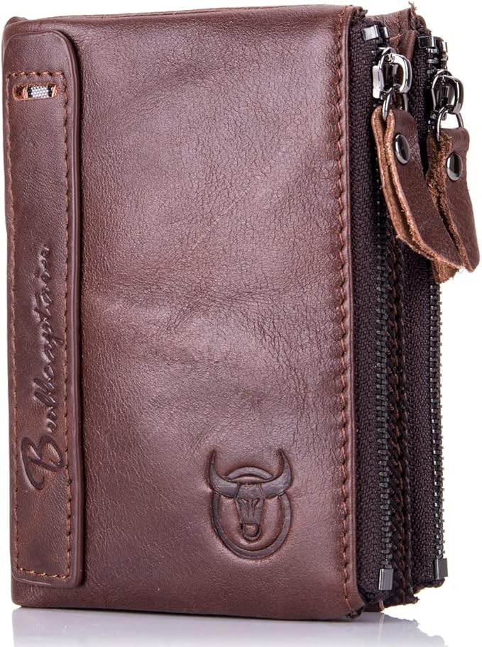 BULLCAPTAIN Genuine Leather Wallet for Men Vintage Bifold Double Zipper Coin Purse (Coffee)
