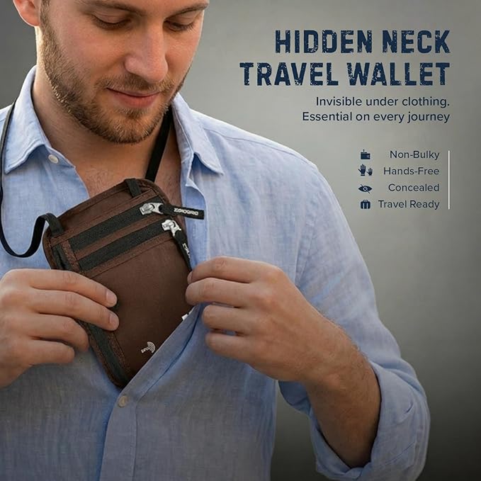 Neck Wallet for Travel & Passport Holder with RFID Blocking - Slim & Easy to Conceal Nylon Travel Pouch for men & women - Holds Phone, Cash, Cards, Keys - Sweat & Water Resistant - Large - Brown
