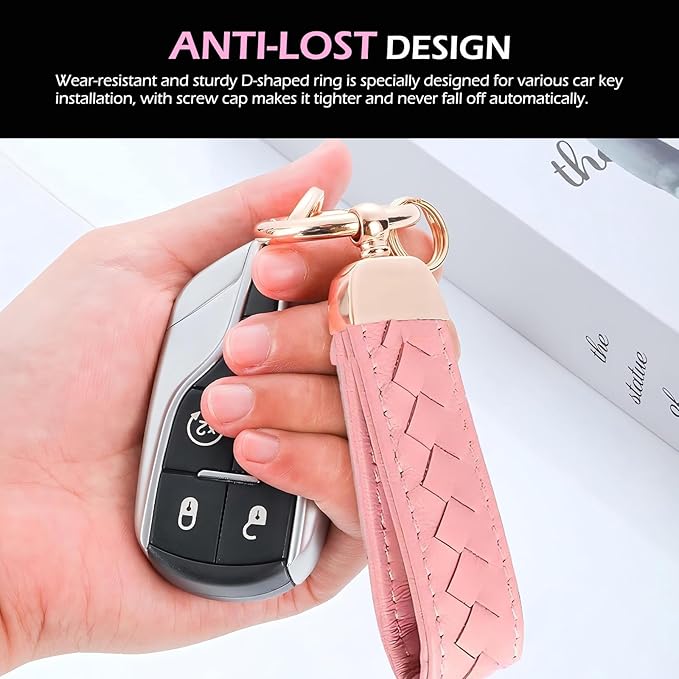 Car Keys Keychain, Leather Key Chain, Pink Leather Wristlet Keychain with 2 Key Ring andAnti-Lost D-Ring, Keyfob holder for Women Men (Pink)