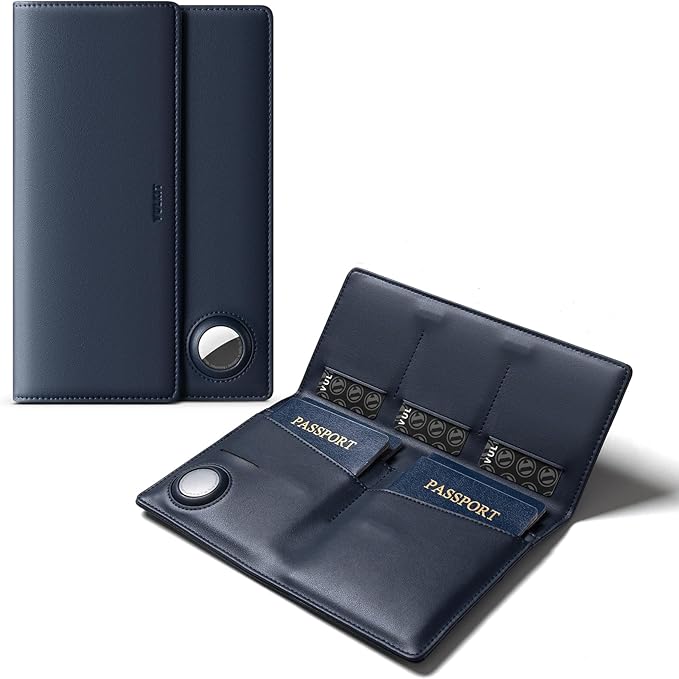VULKIT Family Passport Holder for 4 Leather Passport Wallet with Airtag Slot Multiple Passport Holder RFID Blocking Bifold Travel Documents Organizer