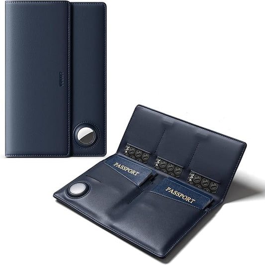 VULKIT Family Passport Holder for 4 Leather Passport Wallet with Airtag Slot Multiple Passport Holder RFID Blocking Bifold Travel Documents Organizer