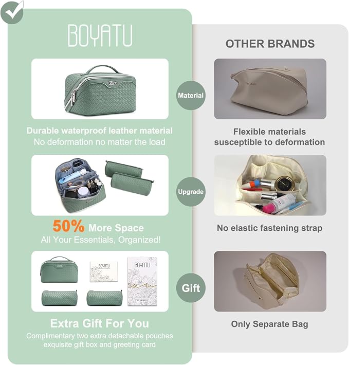 BOYATU Travel Makeup Bag Cosmetic Bags for Women: Large Capacity 3 Pcs Set Make up Bag with Compartments - Waterproof Vegan Leather Toiletry Organizer Bags with Handle (L10 Grass Green)