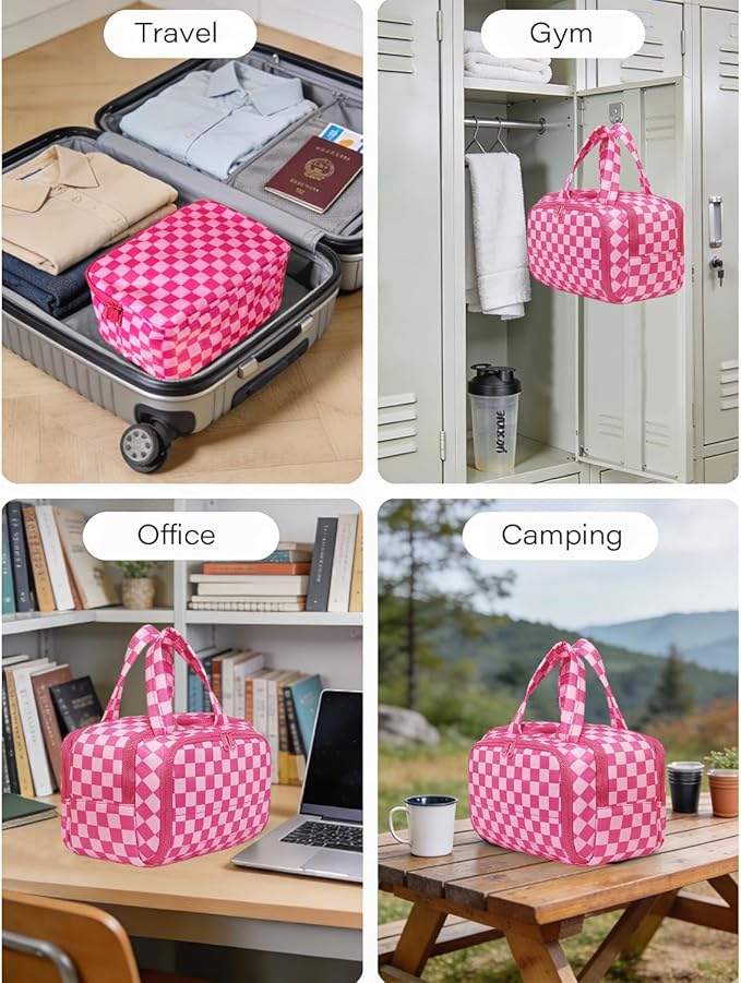 Travel Toiletry Bag, Spacious Hot Pink Checkered Toiletry Bag for Women,Large Toiletry Bags for Traveling,Lightweight Travel Cosmetic Makeup Bag Organizer for Accessories,Toiletries (Pink Checkered)