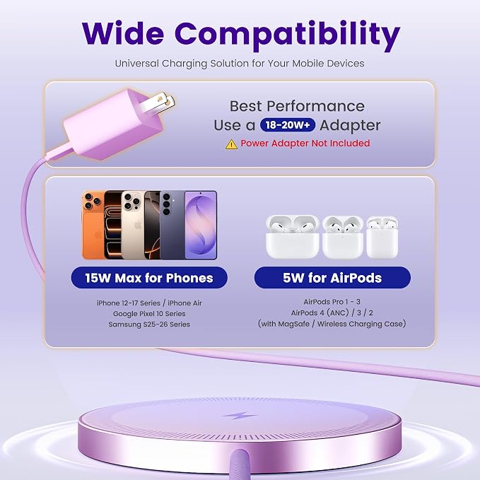 15W Wireless Charger for Apple MagSafe Charger, Magnetic Fast Charging Pad | Compatible for iPhone 17 16 15 14 13 12 Pro Max, AirPods-Slim Portable for Desk Bedside and Travel - 3 Pack, Light Violet