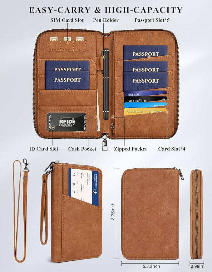Family Passport Holder Wallet RFID Travel Document Organizer for Women Men, Portable Case Cover for Cards, Boarding Pass with Wrist/Neck Strap, Airtag Pocket, Travel Essentials Gifts -Light Brown, 1pc