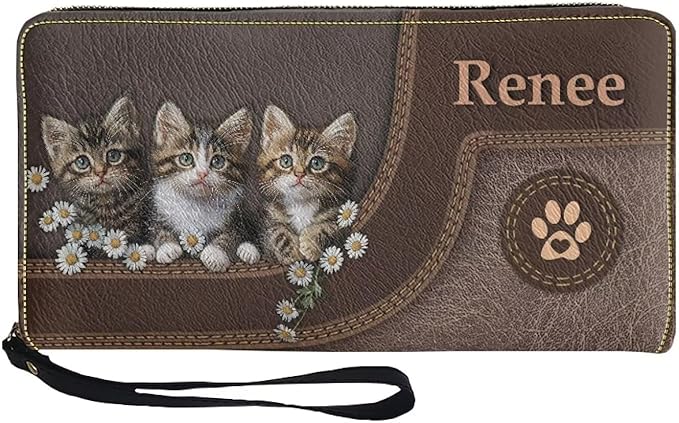 Bulopur Custom Wallet with Name for Women Cute Cat RFID Wristlet Wallets Zip Around Cash Slim Compact Clutch Long Credit Card Holder PU Leather Handbags Gifts for Cat Owner