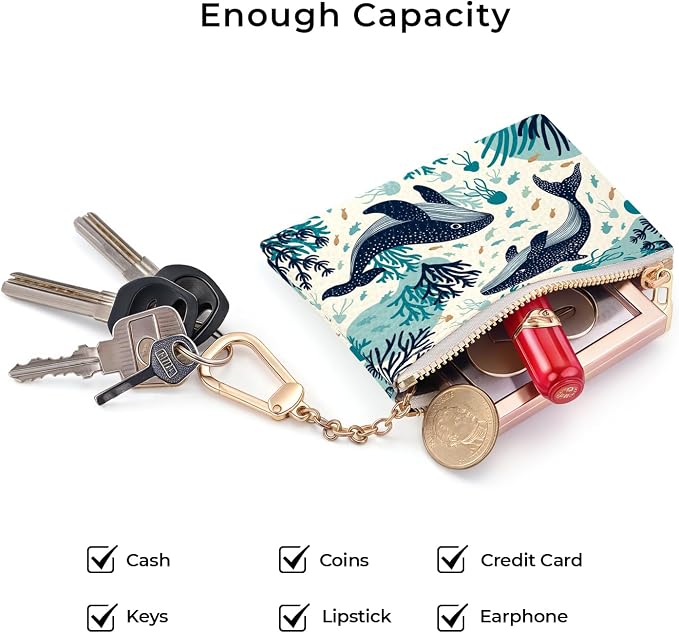 Whale Aesthetic Keychain Coin Purse for Women, Small PU Leather Change Pouch, Zipper Little Tiny Travel Wallet for Girls, Cute Kawaii Zip Pocket Coin Holder with Key Ring