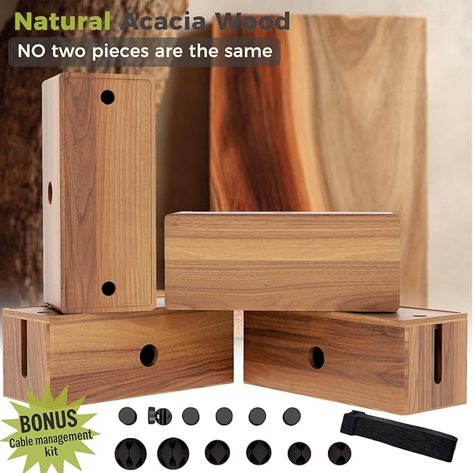 Acacia Wood Cable Management Box for Power Strip, Large Wooden Cord Hider & Cable Organizer for Desk, Floor & TV, Wire Concealer Box for Home Office Cable Storage and Management