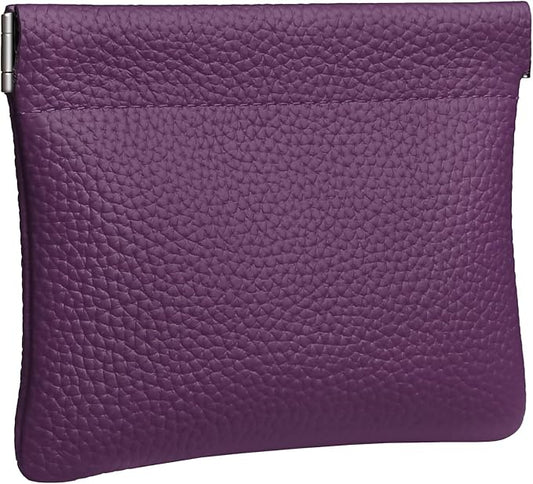 Genuine Leather Squeeze Coin Purse Pouch Change Holder For Men & Women Mini Change Purse Pouch for Pocket, Small Pouch Credit Card Key Headset Lipstick Holder (Purple)