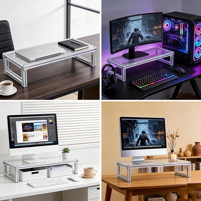 Monitor Stand Riser Acrylic Aluminum, Heavy Duty Ergonomic Screen Stand with Under Desk Storage, Neck Pain Relief Desk Organizer for Laptop PC iMac Home Office & Gaming