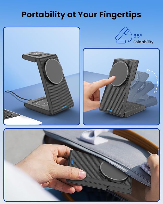 3 in 1 Wireless Charging Station, Foldable Magnetic Wireless Charger Stand for Multiple Devices, Wireless Charger for iPhone 16/15/14/13/12, Apple Watch 9/8/7/6/SE/5/4/3/2, AirPods 3/2/Pro