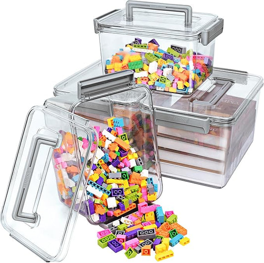 Plastic Storage Containers And Organization Bins Box Stackable with Lid and Secure Latching Buckles, Clear Clip Box For Kitchen or Pantry Storage Cabinet 4 PACK