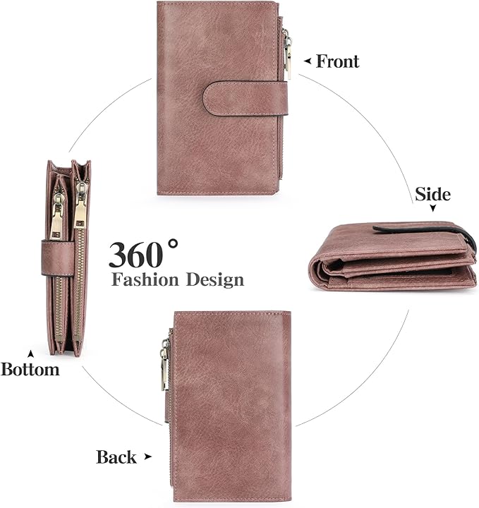 GOIACII Womens Wallets RFID Blocking Leather Trifold Clutch Wallet Credit Card Holder Ladies Purse 3 ID Windows Pink