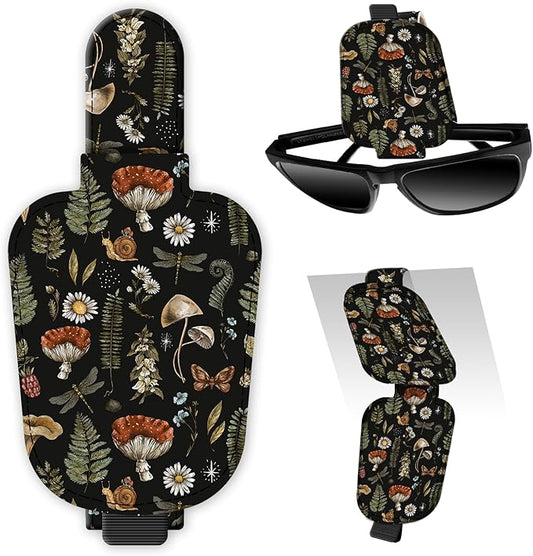 Leather Magnetic Sunglass Holder for Car Sun Visor, Cute Eyeglass Ticket Card Hanger Clip, Universal Auto Interior Accessories for SUV Pickup Truck Mushroom Forest