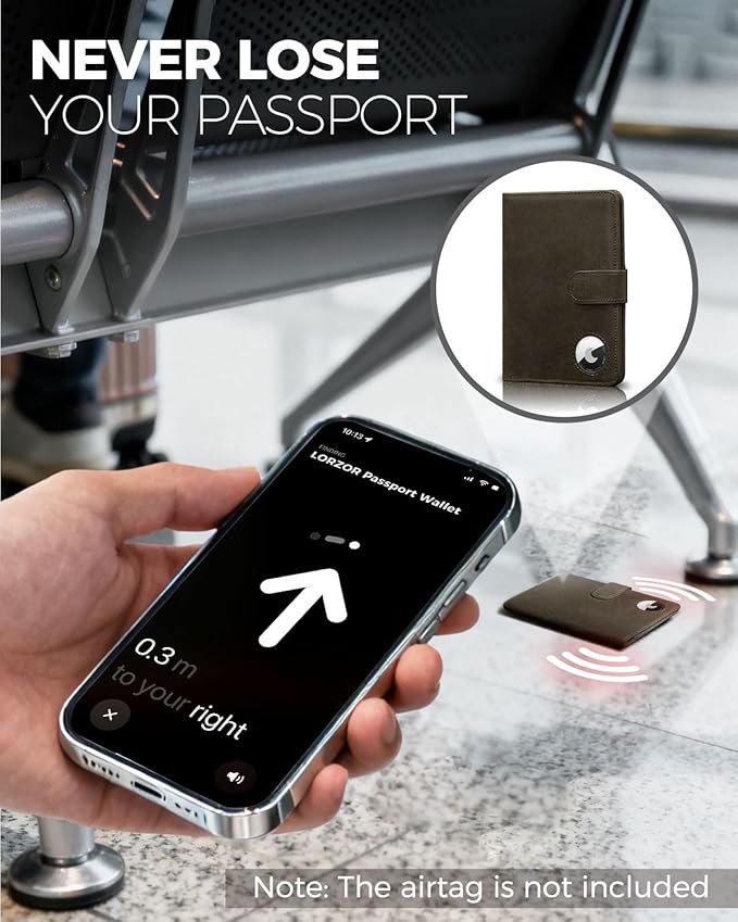 LORZOR Passport Holder for Travel: Full Grain Leather Passport Cover with Airtag Holder Magnetic Buckle for Men - RFID Blocking Bifold Wallet for Air Ticket Card Cash Coin (Black-yellow)
