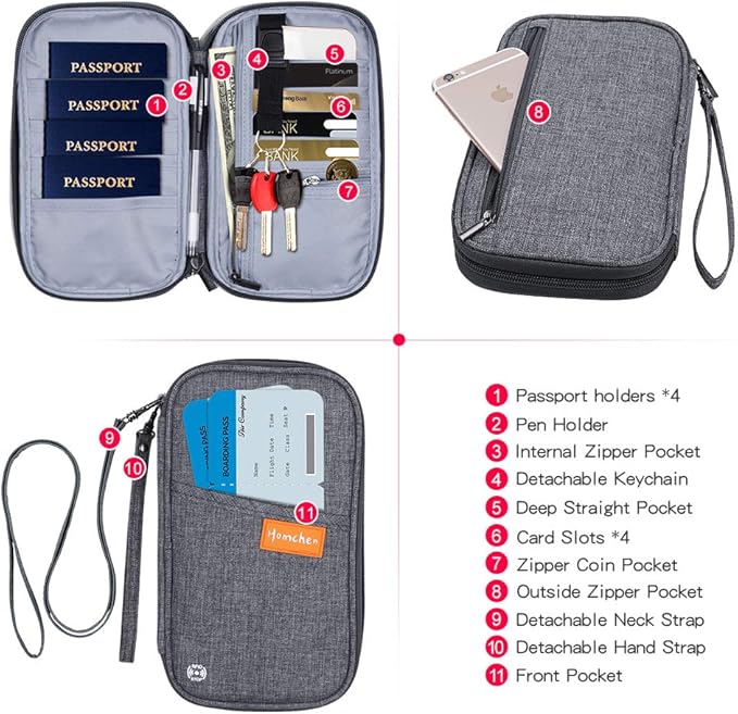 RFID Passport Wallet with Vaccine Card Slot, Family Travel Passport Holder Document Organizer Bag with Wrist & Neck Double Strap