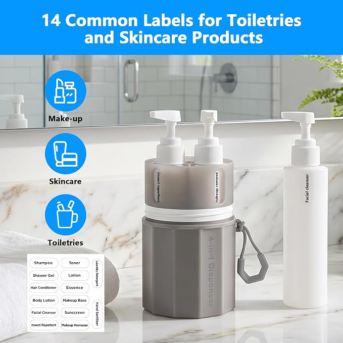 4 in 1 Travel Dispenser Bottles, TSA Approved Leak Proof Refillable Toiletry Containers with Vacuum Suction Cup for Smooth Walls, Portable Empty Bottle Set for Shampoo Conditioner Body Wash