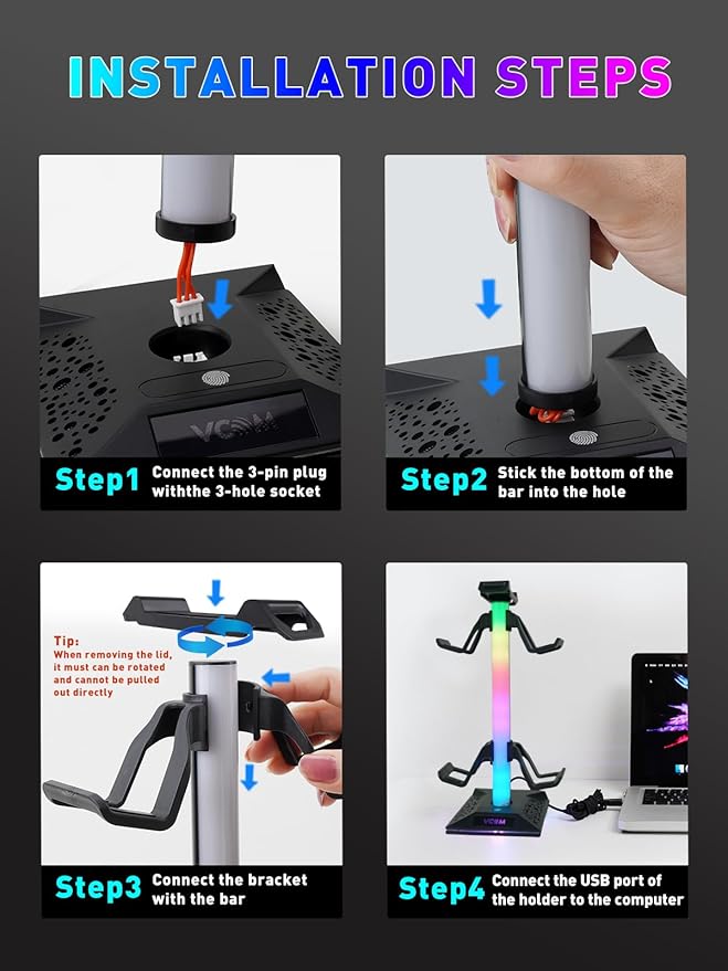 VCOM RGB Gaming Headphones Stand with 2 USB and 1 Type-C Ports, Headset Stand with 10 Light Modes and Non-Slip Rubber,Suitable for All Earphone Accessories, Best Gift for Desk Gamers