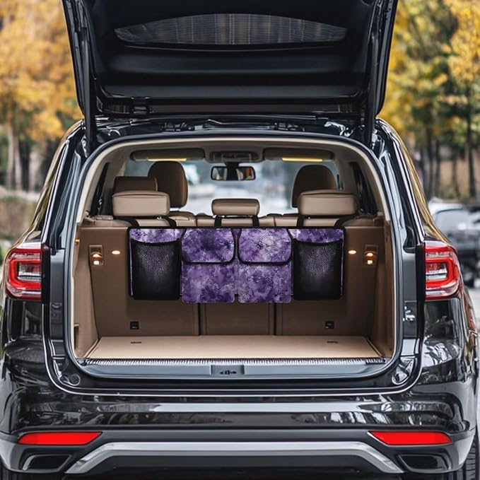 Purple Tie Dye Car Trunk Organizer Backseat Cargo Storage Bag with Elastic Net Collapsible Pouch SUV, Truck, MPV Car Accessories
