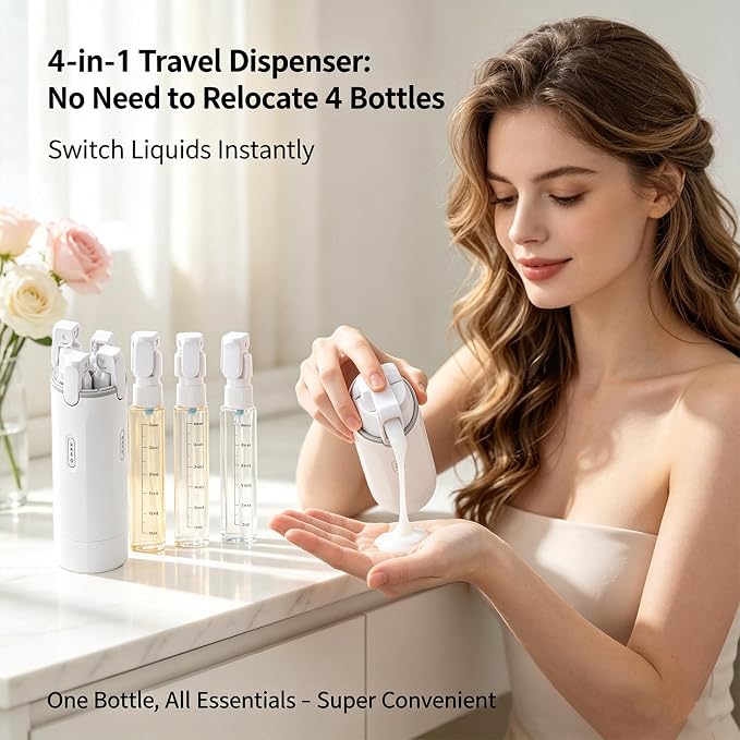 4 in 1 Travel Dispenser, Travel Bottles for Toiletries, No Squeeze Press Dispenser 30ML Leak Proof Travel Containers, Portable Refillable Shampoo Lotion Conditioner Bottles with Labels(1Green)