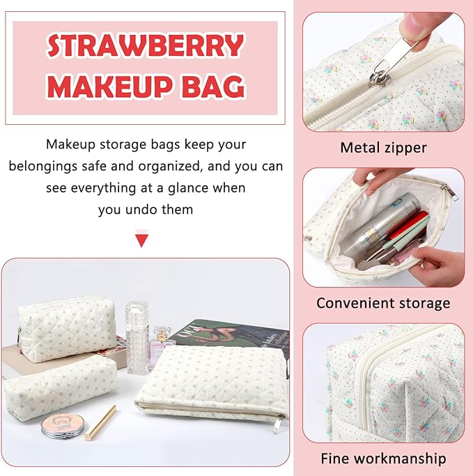 3 Pcs Makeup Bag Cosmetic Bag Set for Girls Women Checkered Travel Organizer Bathroom Toiletry Pouch Large Capacity Storage Bag(Small Flower Blue)