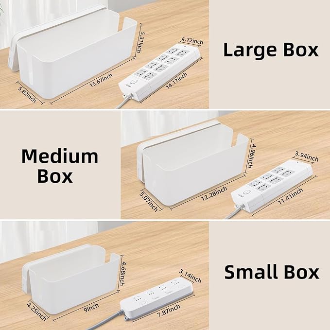 YaeCCC Cable Management Organizer Box Power Strips Hider Power Cords Hider for Desk, TV, Computer, USB Hub,Cords (Set of Three) White