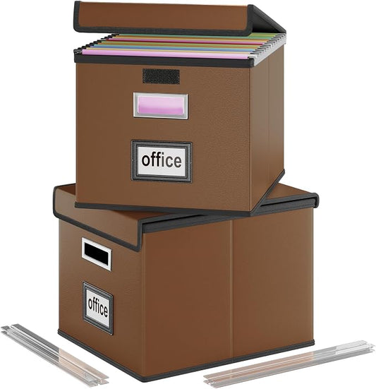 File Organizer Boxes with Lids, Collapsible Faux Leather Hanging File Folder Box Organizer with Plastic Slide, Decorative Home/Office Filing System Boxes for File and Folders Storage