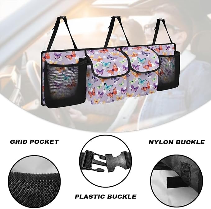 Colorful Butterfly Car Trunk Organizer Hanging Multipurpose Auto Backseat Storage Bag Universal Automotive Interior Accessories with 4 Pockets 3 Adjustable Straps