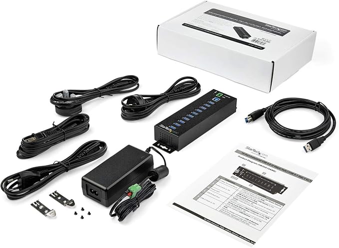 StarTech.com 10-Port USB 3.0 Hub with Power Adapter - Metal Industrial USB-A Hub with ESD & 350W Surge Protection - Din/Wall/Desk Mountable - High Speed USB 3.0 (5Gbps) - (5Gbps) Hub, TAA
