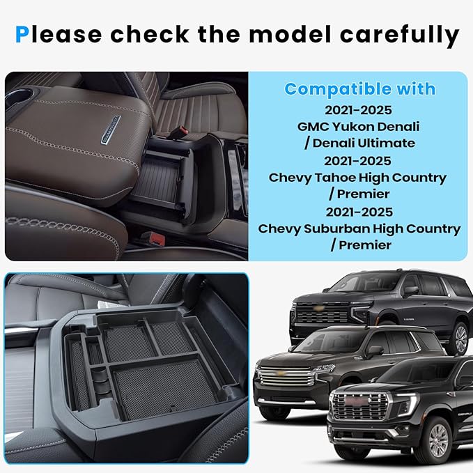 Center Console Organizer Tray Compatible with 2021 2022 2023 2024 2025 2026 GMC YuKon Denali, Chevy Suburban/Tahoe Armrest Storage Box Interior Accessories (Fit for Power-Sliding Console ONLY)
