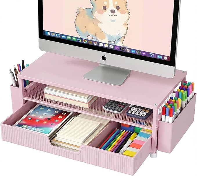 ECOLOVI Desk Organizer and Accessories, 2-Tier Computer Monitor Stand Rise with Storage Drawer & 2 Pen Holders, Laptop & Printer Stand for Desktop, Workspace Organizers for Office Supplies (Pink)