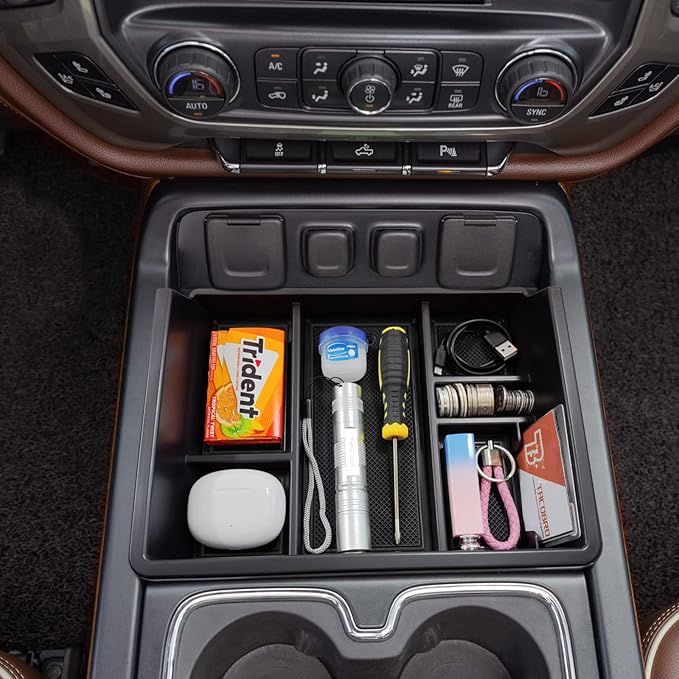 TACOBRO Full Center Console Organizer Compatible with 2014-2018 Sierra 1500 /Silverado 1500 Accessories 2015-2019 Silverado/Sierra 2500 3500HD Compartment Cover Insert Tray Storage, Black