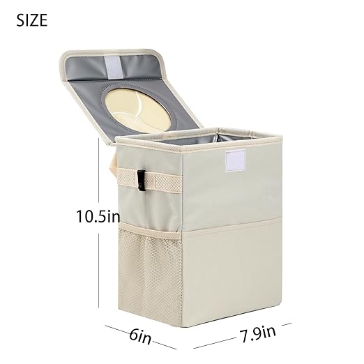 AOKJOY Car Garbage can with lid Leak Proof Vehicle Trash Can 3 Storage Pockets Hanging Waterproof car Trash Bag for SUV Beige